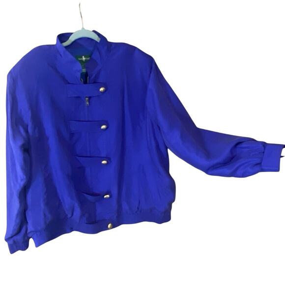 Vintage Hunt Club 100% Silk Jacket XL Cobalt Purple Gold Button 80s Bomber - Picture 1 of 9